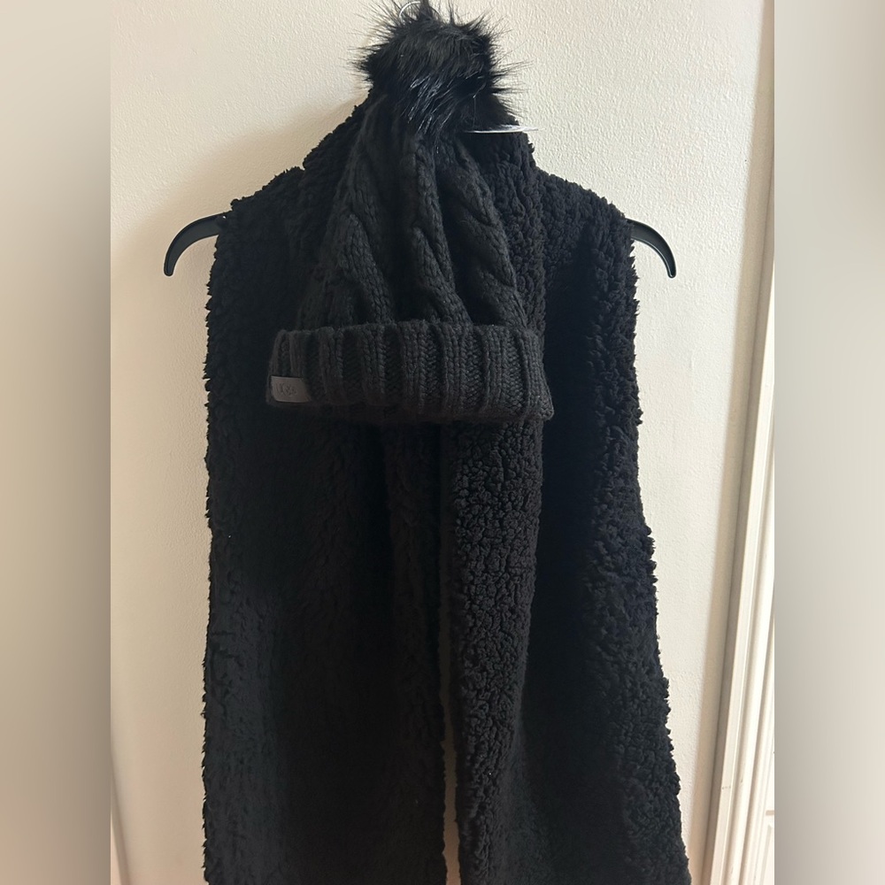 UGG Black Plush Scarf And Knit Beanie